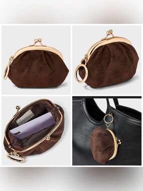A New Day Mini Kiss Lock Pouch Bag Charm Brown Faux Suede Coin Purse Keychain
